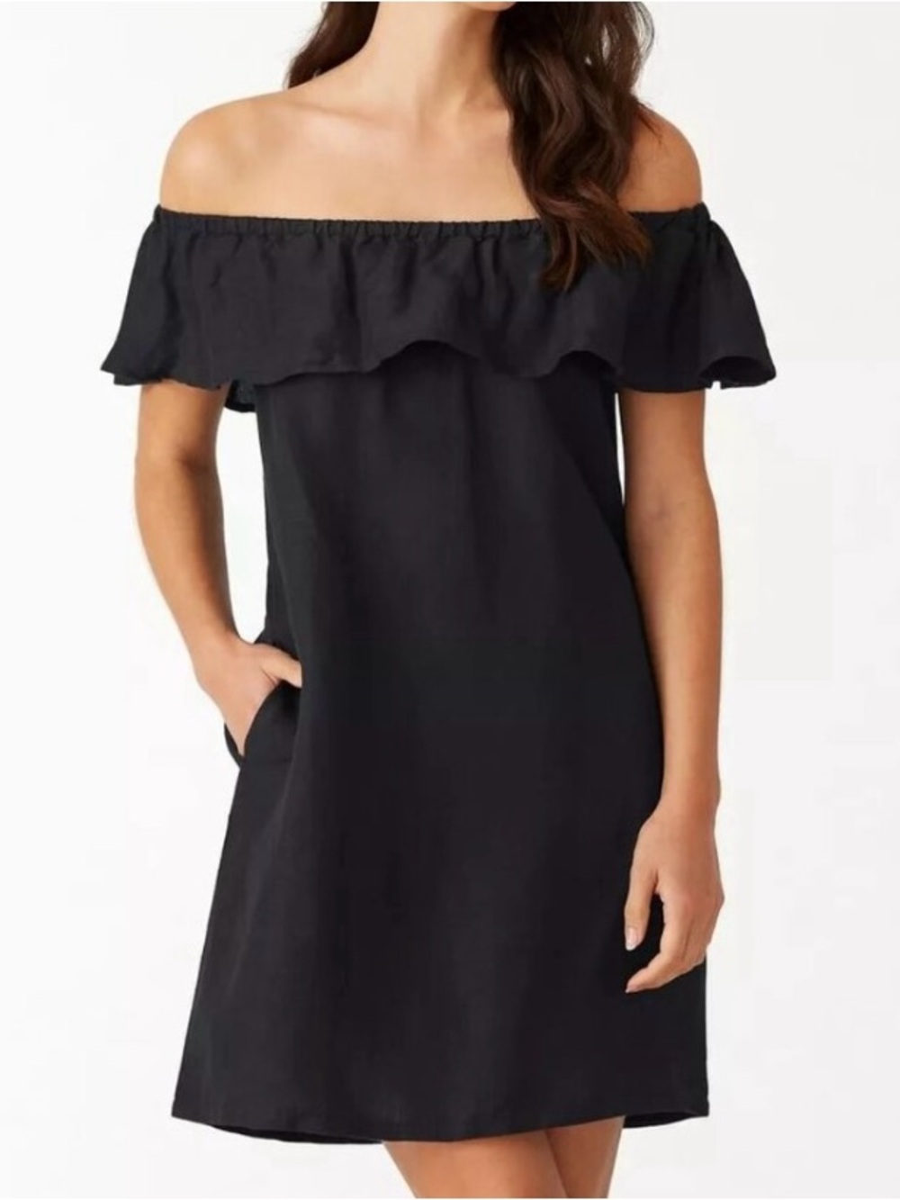 Tommy Bahama Linen Off-Shoulder Black Ruffle Summer Dress